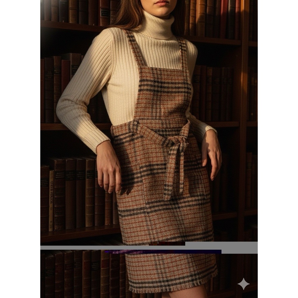 Sadie & Sage Plaid Pinafore Dress Dark Academia Tweed Overall Dress Brown Rust M